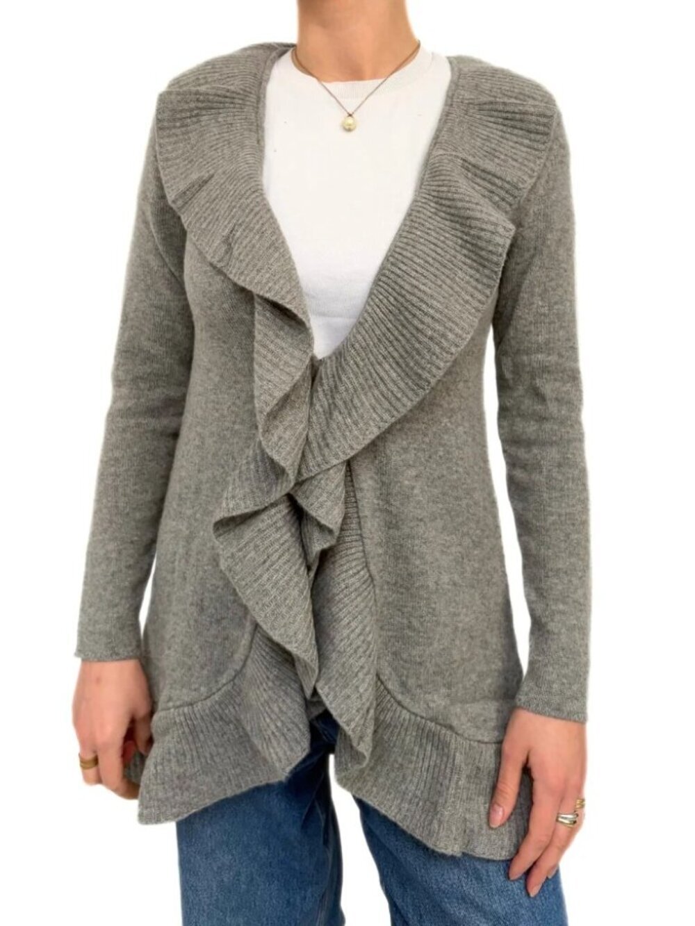 Sofia Cashmere Ruffle Open Front Cardigan Sweater Quiet Luxury Gray - Medium